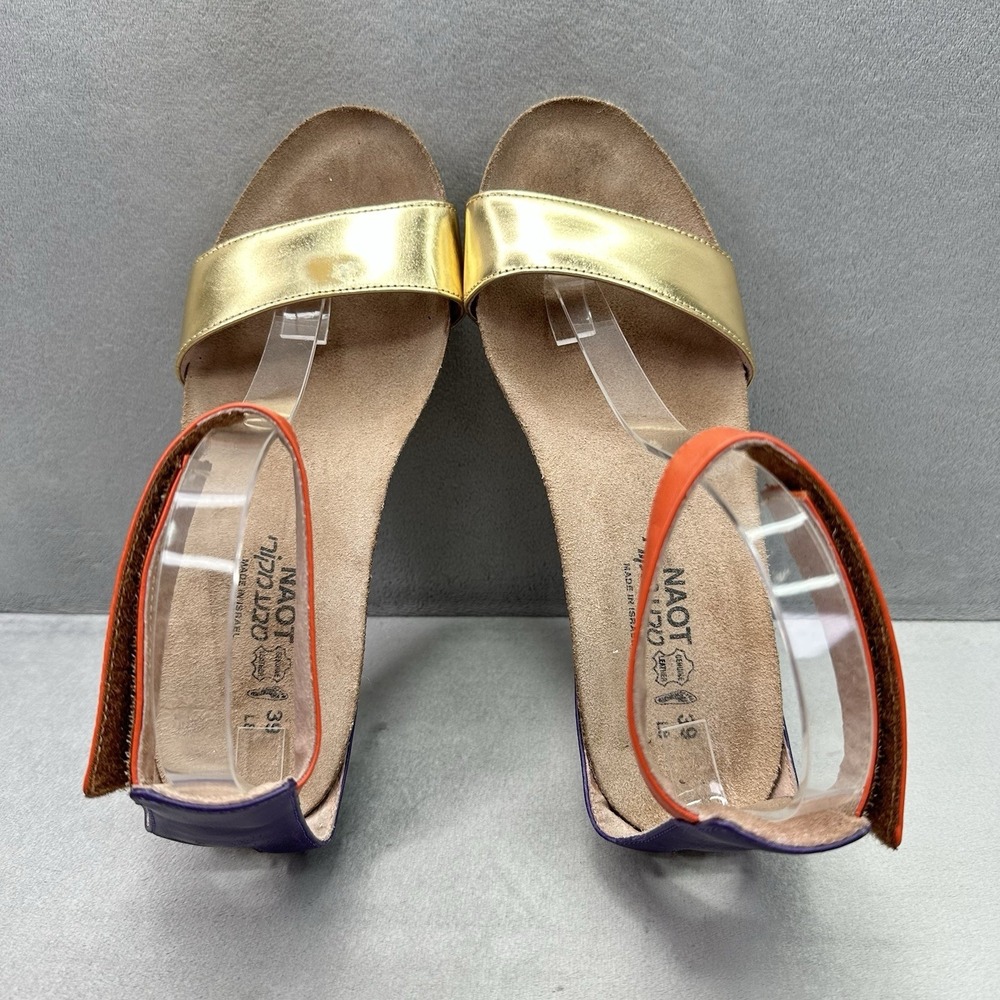 NAOT Pixie Womens Size 39 (US 8) Wedge Sandals Gold Orange Leather Ankle Strap - Picture 6 of 8